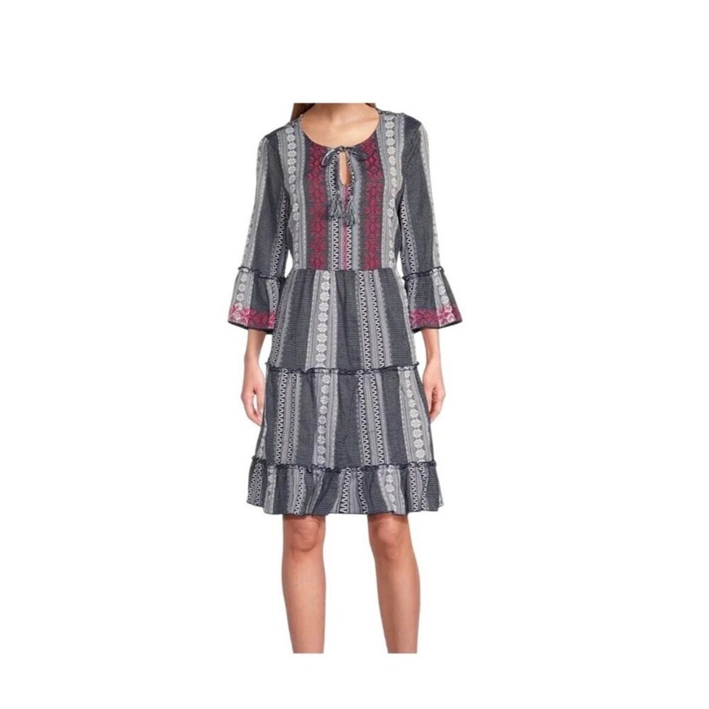 John Mark Women's Size XL Embroidered Dress Tiered Blue Boho Flowy Bell Sleeve